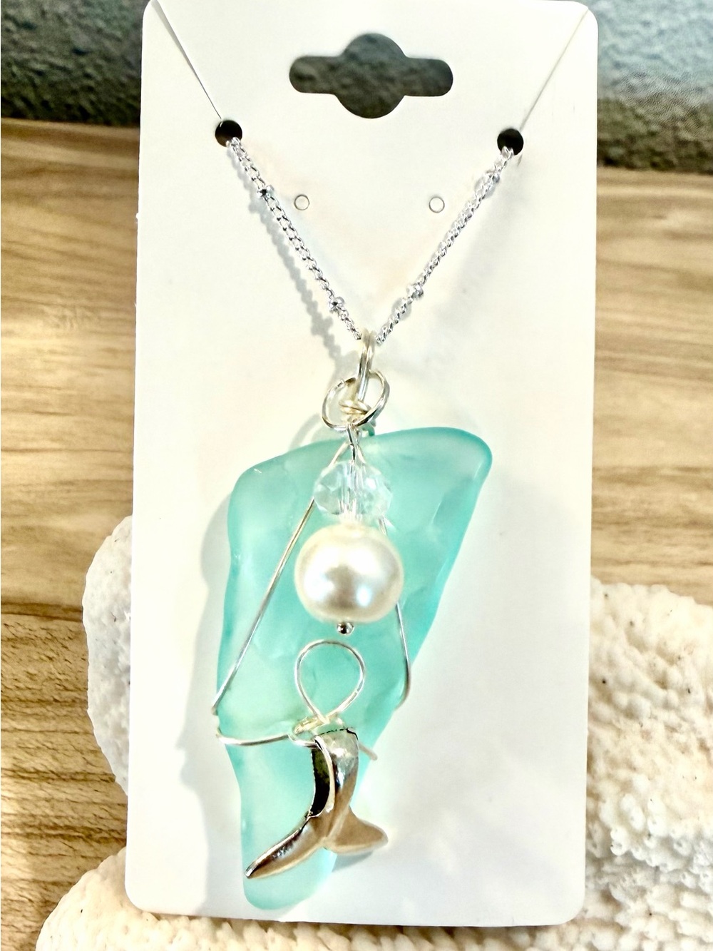 63. Sea Glass Pearl Pendant Necklace with mermaid tail